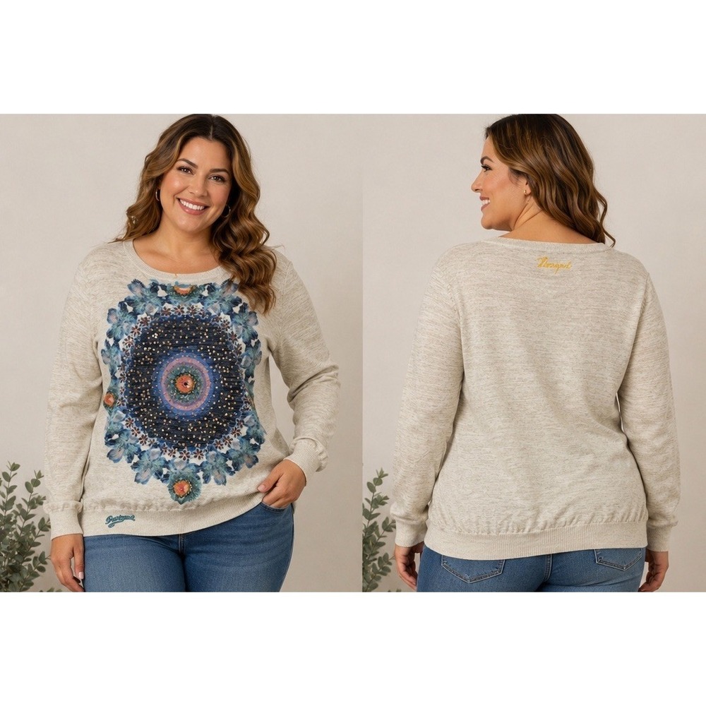 Desigual Mandala Sequin Sweater  Funky Metallic Knit Cream Women Medium Art #67